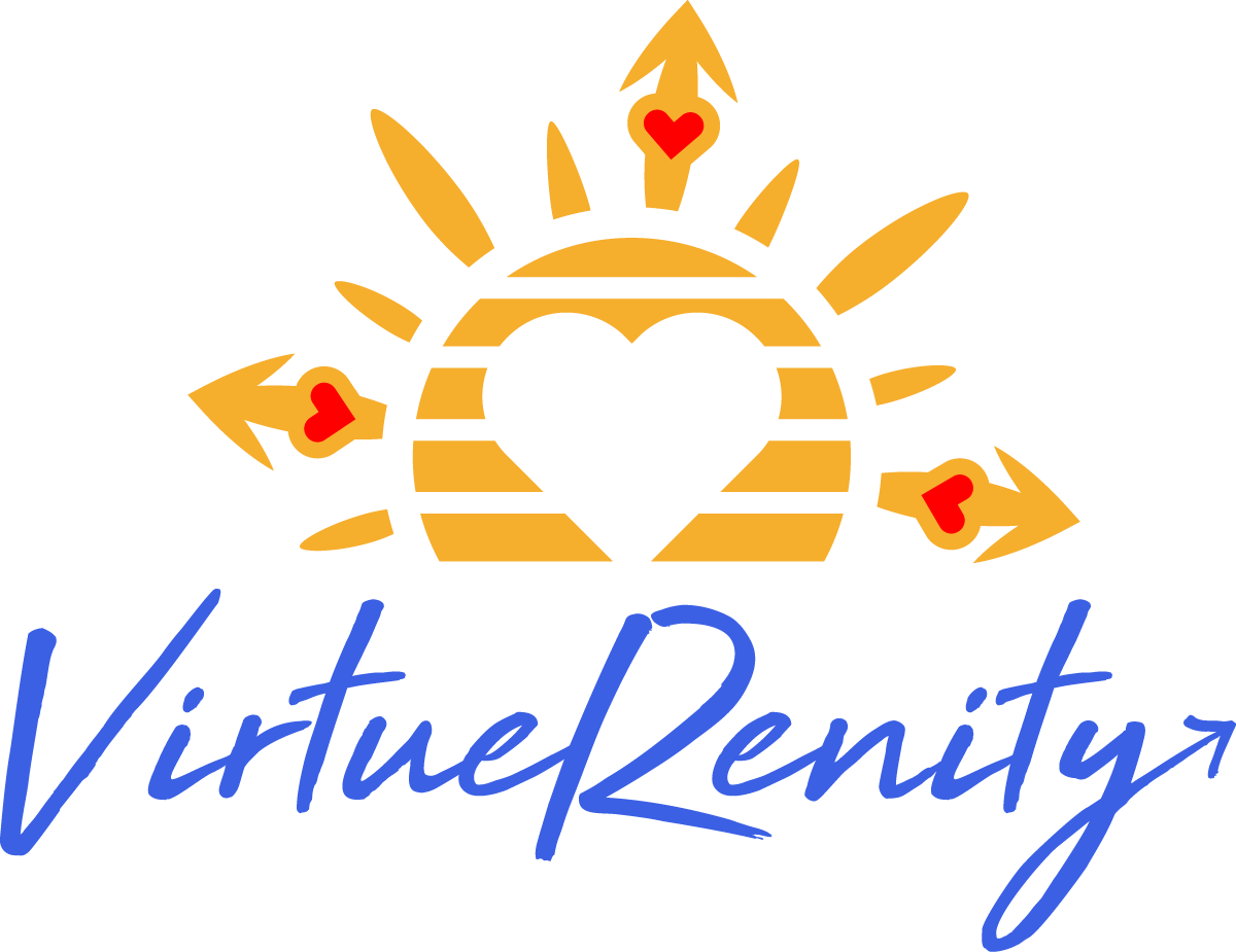 Logo with sun rays, heart, and blue cursive text.
