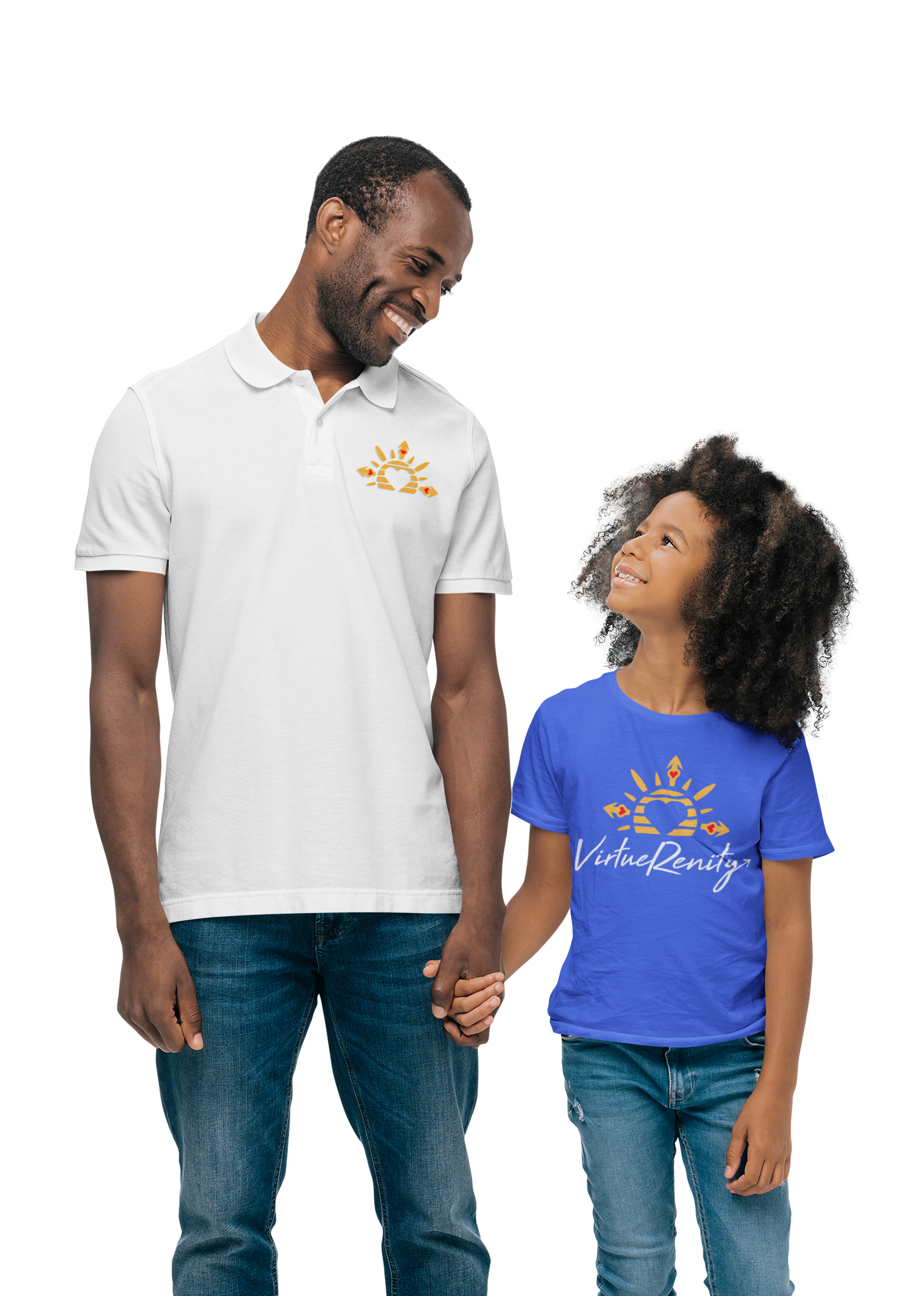 polo-shirt-and-t-shirt-mockup-featuring-a-dad-and-his-daughter-at-a-studio-44545-r-el2 Father and daughter holding hands, smiling warmly at each other.
