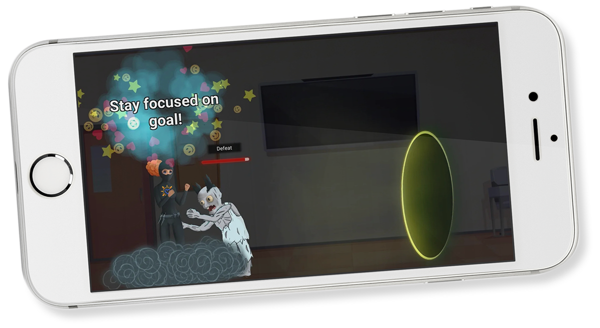 virtue-ninja-app-screenshot A character aims a gun at a glowing portal in a dark room with motivational text.