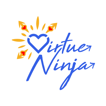A vibrant logo with a heart and sun rays surrounding the text "Virtue Ninja".